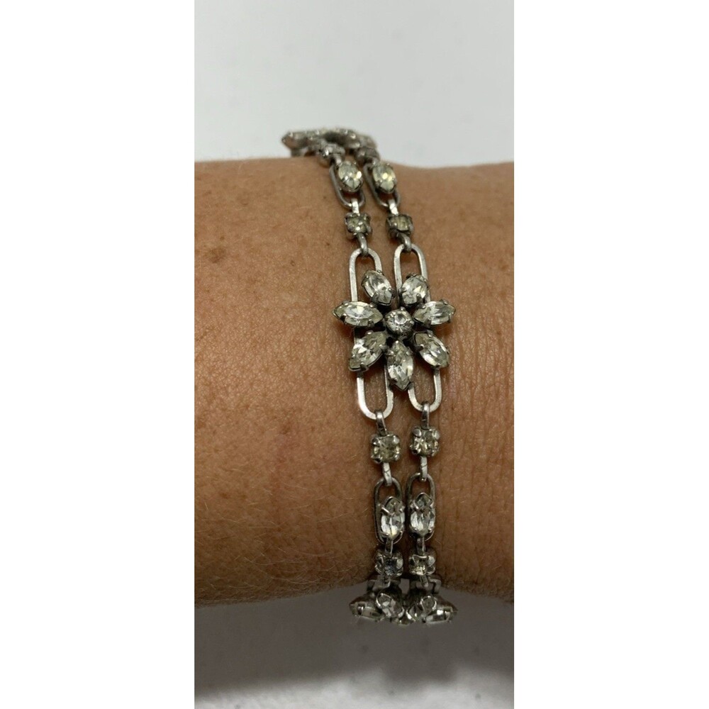Vintage Van Dell Sterling Silver Clear Rhinestones Floral Bracelet 7” Signed
